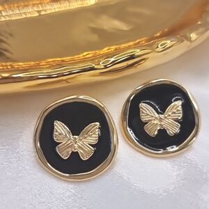 French Butterfly Earrings Coin Stud Black Gold Plated | NWOT